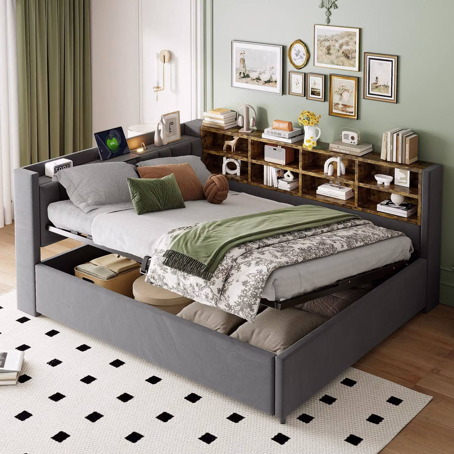 Letto imbottito 140x200 cm con spazio contenitore a sollevamento idraulico, luce notturna, porte USB e Type-C, ripiani, testiera imbottita, rivestito in velluto, colore grigio scuro