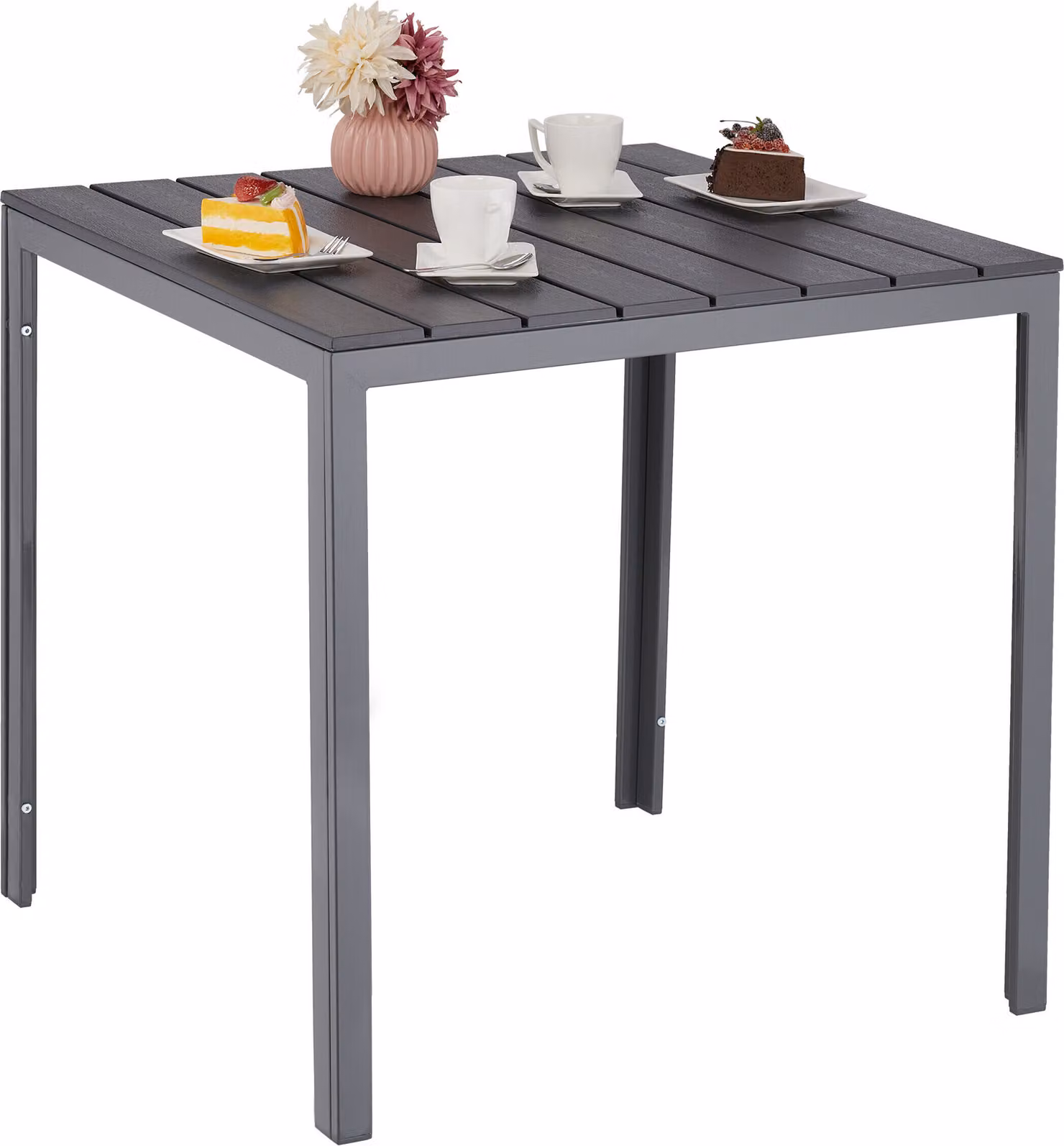Tavolo da giardino Relaxdays, dimensioni: 74 x 78 x 78 cm, tavolo da balcone effetto legno, plastica, acciaio, tavolo da terrazza quadrato, grigio