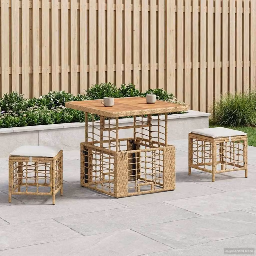 Set da pranzo per giardino e terrazzo vidaXL in legno di acacia oliato e rattan, 3 pezzi, colore beige e bianco
