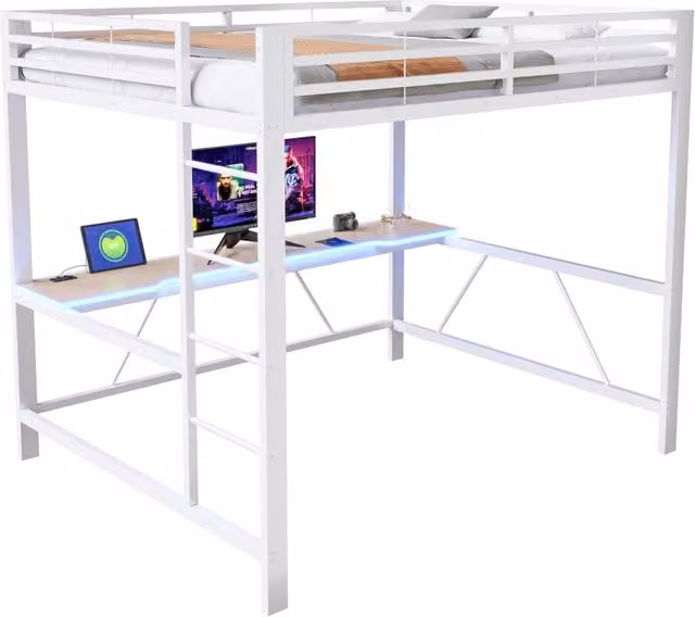 Letto a soppalco Tynqer da 2 posti con scrivania, illuminazione LED e porta USB, in metallo e MDF, bianco, L/P: 160 x 200 cm – 1