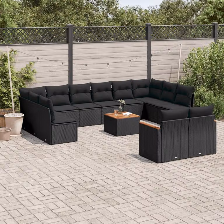 vidaXL Set Divani da Giardino a Forma di U in Polyrattan Nero con Cuscini e Tavolino da Esterno