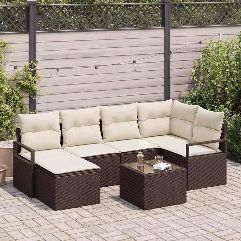 Maison Exclusive - Set di divani componibili, 7 pezzi, color marrone e crema, in rattan sintetico