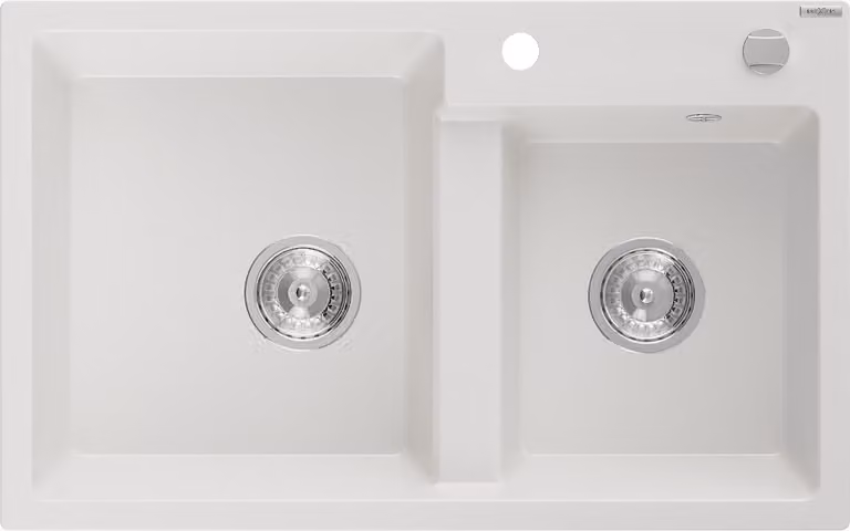 Mexen Tomas lavello in granito a 2 vasche 800 x 500 mm, bianco, sifone cromato - 6516802000-20