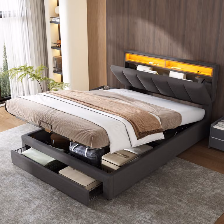 Letto imbottito Flieks 140x200cm con cassetto, letto a molle insacchettate con contenitore e rete a doghe, letto matrimoniale con testiera a led e contenitore, letto contenitore letto per ragazzi, biancheria, grigio