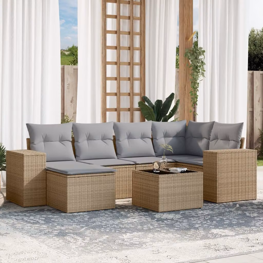 Set di divani da giardino vidaXL in 7 pezzi con cuscini beige in polyrattan e struttura in metallo – 1