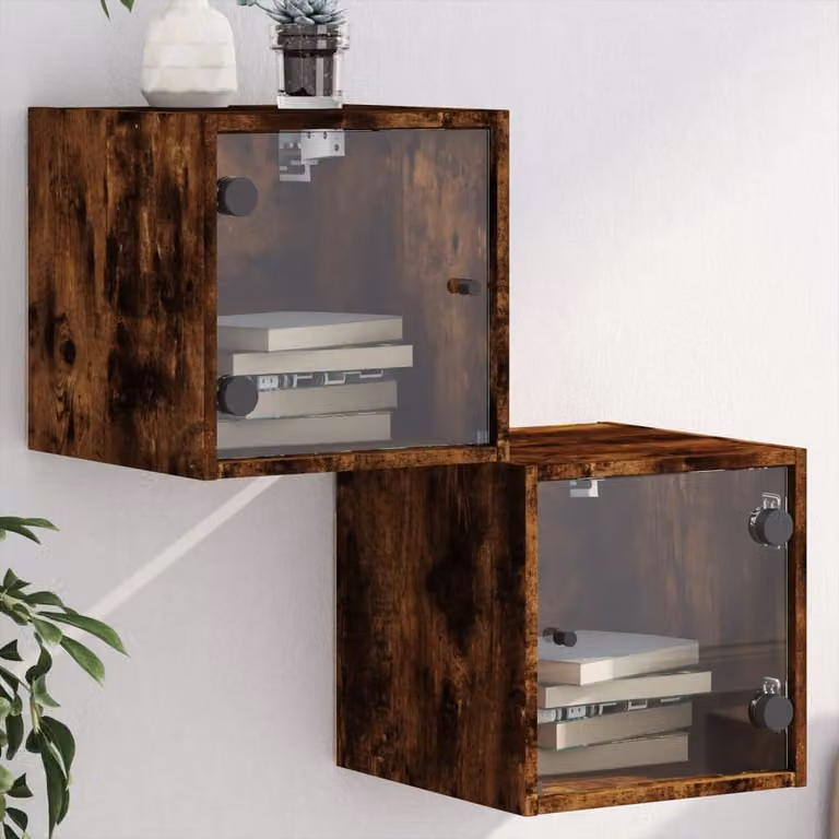 Set di 2 comodini vidaXL con ante in vetro, colore Rovere Fumo, L 35 x P 37 x H 35 cm