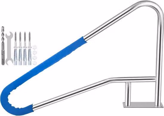 Corrimano per piscina, dimensioni 55x32 pollici, acciaio inossidabile 304, capacità di carico di 250 libbre, tubo in acciaio inossidabile argentato con rivestimento in plastica blu e fori filettati M8