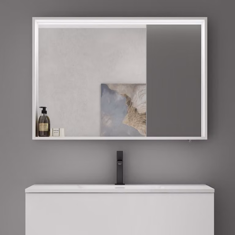 doporro Armadietto a Specchio con Luce 100x12x70cm, Specchio da Parete con Luce LED e Ripiano in Legno Bianco opaco Spiegelschrank-01