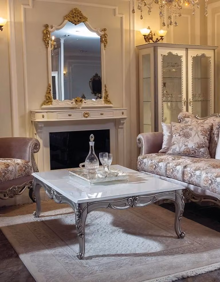 Casa Padrino tavolino barocco bianco / argento 129 x 93 x h. 44 cm - Tavolino rettangolare in legno massiccio in stile barocco - Mobili da salotto barocchi