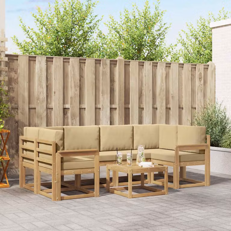 vidaXL Set di divani da esterno a L composto da 7 pezzi in legno di acacia con cuscini, Bianco, Beige e Marrone