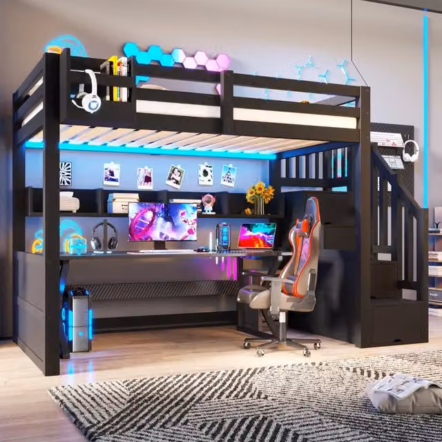 Letto a soppalco 90x200 cm con LED; scala contenitore e armadio in MDF; pino e compensato nero