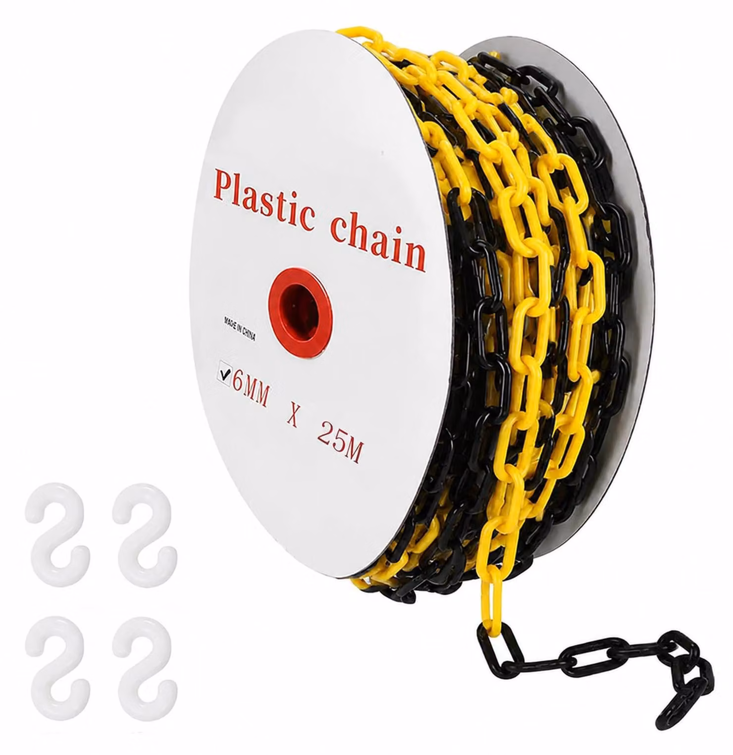 Catena di delimitazione, in plastica, 6 mm x 25 m, nera e gialla, con 4 ganci a forma di S