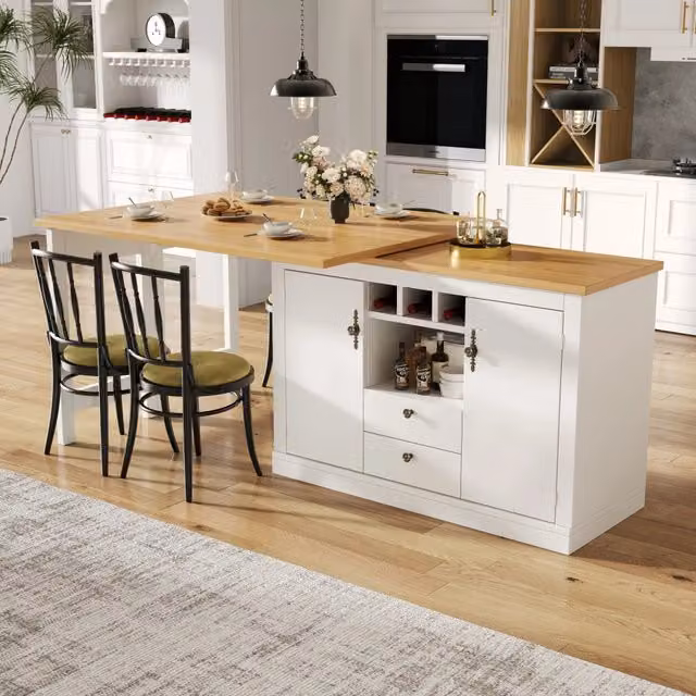 Tavolo bar estensibile ULEVR 120-180x40x76 cm girevole con portabottiglie e vani regolabili, naturale e bianco