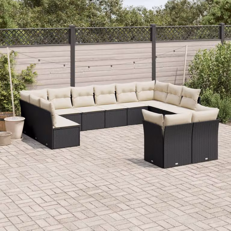 vidaXL Set Divani da Giardino a Forma di U con Cuscini, Struttura in Metallo e Polyrattan, Nero e Bianco