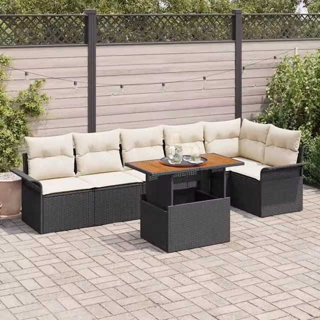 Set Divano da Giardino 7 pz Nero e Crema polyrattan 3349340
