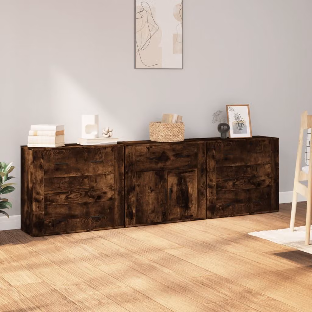 vidaXL Credenze 3 pz. Materiale a base di legno di quercia fumé