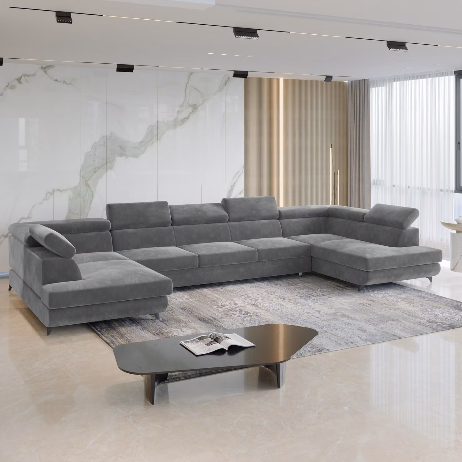 Divano angolare URMANO di Masseno con funzione letto a U, divano con box letto, divano da soggiorno, divano, divano letto, set di divani - grigio, MONOLITH 85