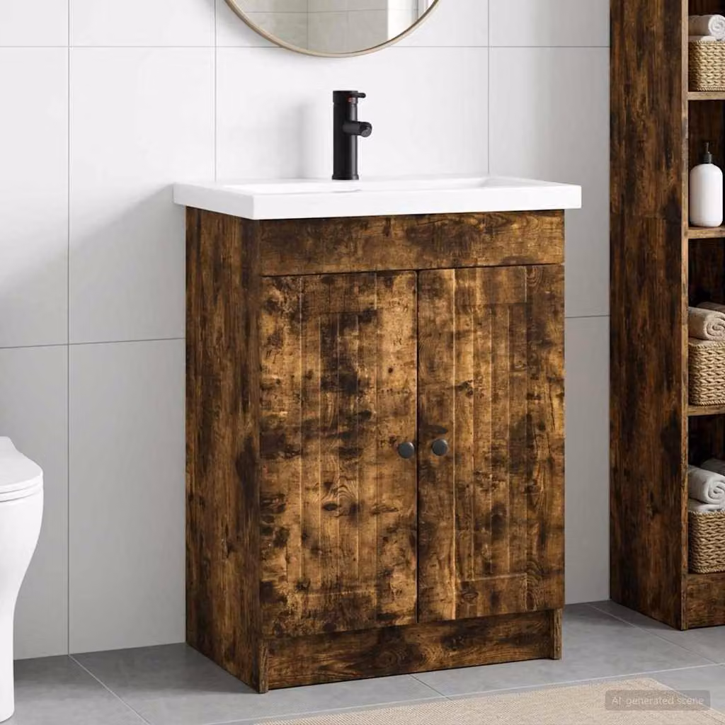 Set di mobili per il bagno moderno vidaXL in legno e metallo, colore Rovere Fumo e Nero, L: 78,5 cm, P: 37,5 cm, H: 81 cm