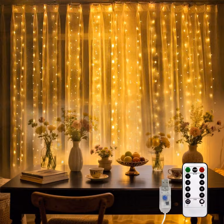 Illuminazione a tenda a LED, dimensioni 3x3 metri, 300 LED, luce bianco caldo, dimmerabile, 8 modalità