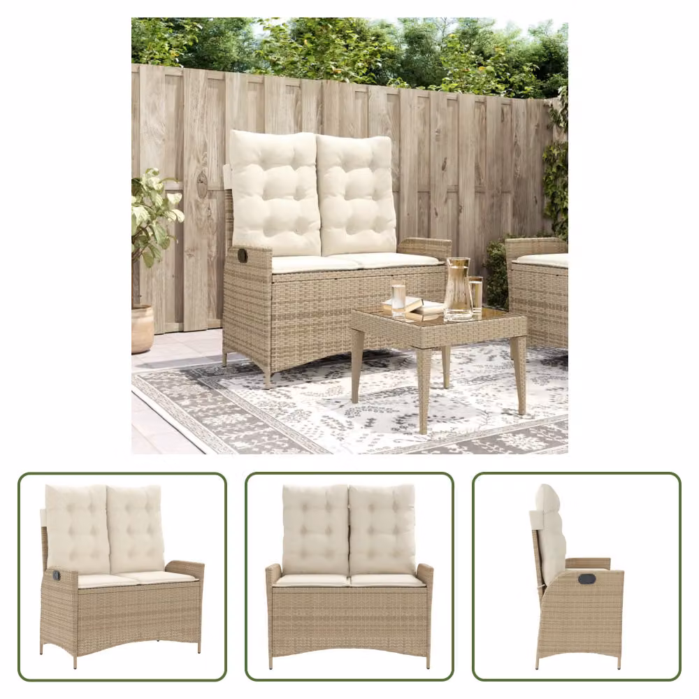 The Living Store Panca da giardino regolabile con cuscino Beige Poly Rattan
