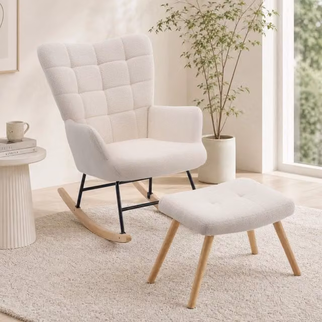 Poltrona a dondolo REDOM beige in tessuto boucle con poggiapiedi, L: 91 cm, P: 61 cm, H: 88 cm