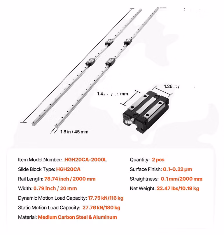Kit di guide lineari, materiale resistente, funzionamento fluido, 2 pezzi da 2000 mm