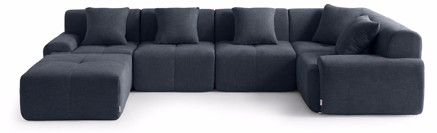 DIVANO ANGOLARE MODULARE MILYSOFA SOFAMOUS, 5 posti, con chaise longue, rivestito in tessuto blu-grigio mélange