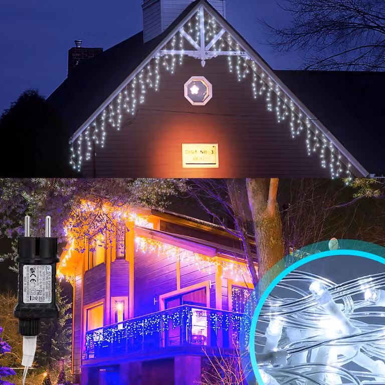 Ikodm, decorazioni natalizie a cascata con 400 LED, lunghezza totale 10 metri + cavo di alimentazione da 5 metri, luce bianca fredda, tenda luminosa con 8 modalità, ideale per decorazioni natalizie interne, per Natale e per feste