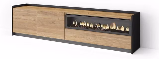 Mobile TV Soggiorno, 207x50x37 cm, Per TV fino a 80", Camino elettrico, LED, Rovere e nero