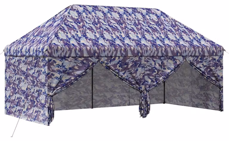 Padiglione pop-up con 4 pareti laterali, dimensioni 3 x 6 metri, motivo camouflage blu