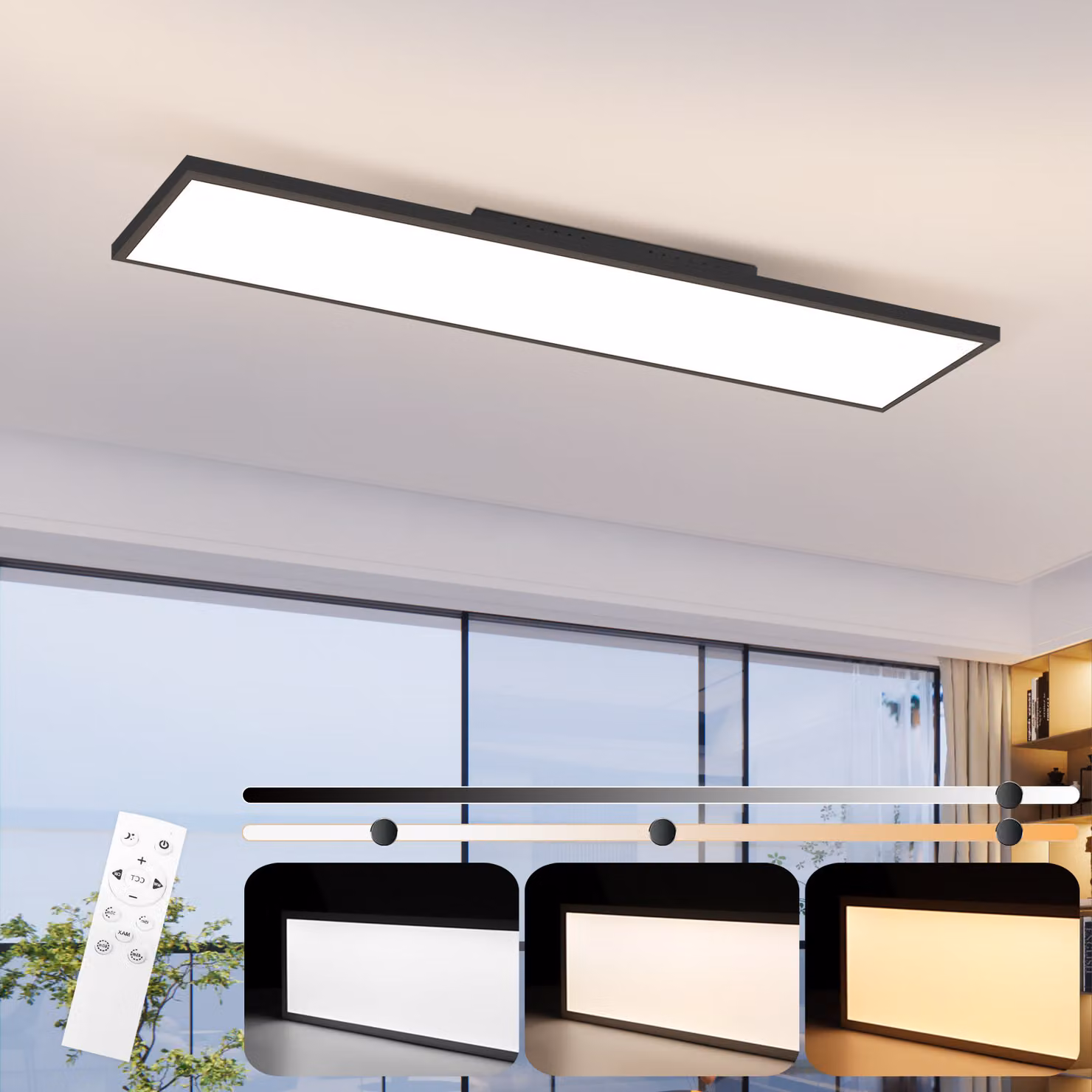 ZMH Lampada da soffitto a LED 100x25 cm, 24 W, modello piatto per ufficio con telecomando, dimmerabile, lampada da cucina, lampada da ufficio per cucina, camera da letto e corridoio, nera