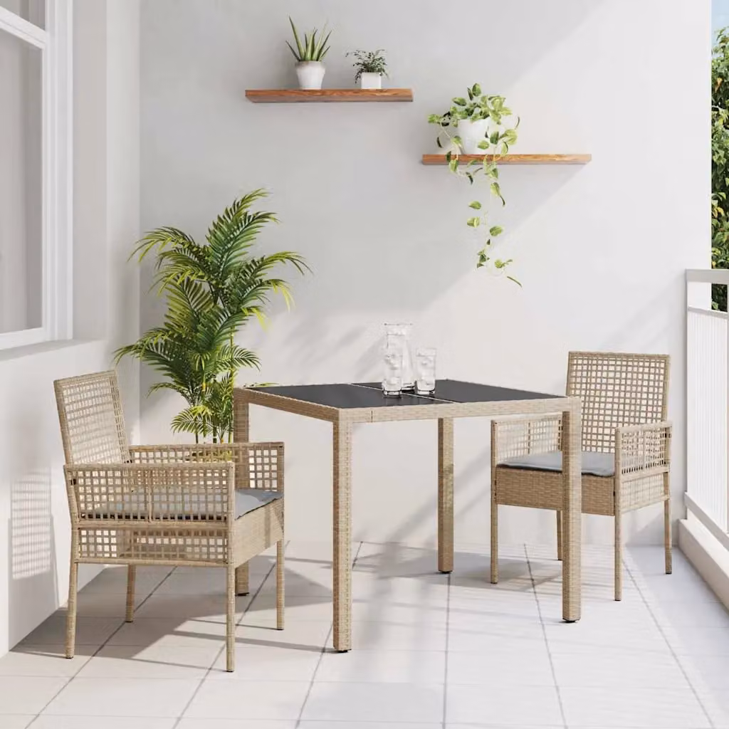 Set da pranzo per giardino e terrazzo vidaXL in polyrattan e vetro beige, composto da 3 pezzi