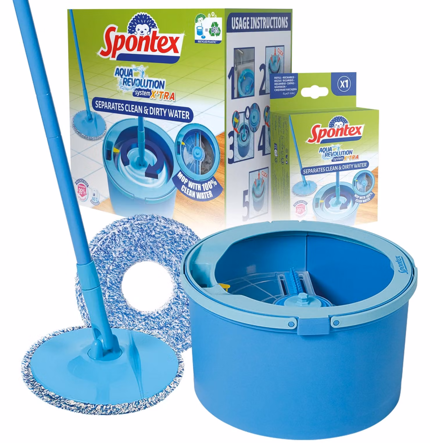 Sistema di pulizia a secchio, capacità 3 litri, in microfibra, colore blu, completo di ricambio per il sistema di pulizia
