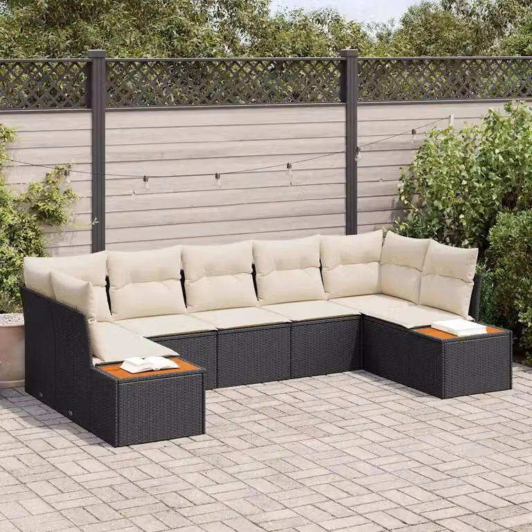 Set Divano da Giardino vidaXL 7 posti con Cuscini Nero e Beige in Polyrattan e Acciaio