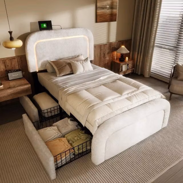 Letto Singolo Imbottito con LED, USB e Cassetti ¨C MINIMAL ¨C 90x200, Testiera Regolabile, Doghe in Legno, Bianco