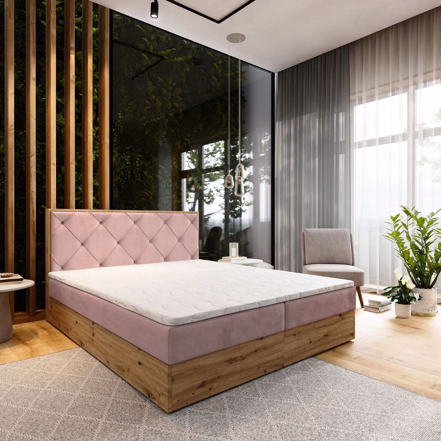 Letto Masseno a molle insacchettate FOSCO 140x200 cm completo di materasso e topper Bonell, letto imbottito con cassettiera - rosa, KRONOS 27