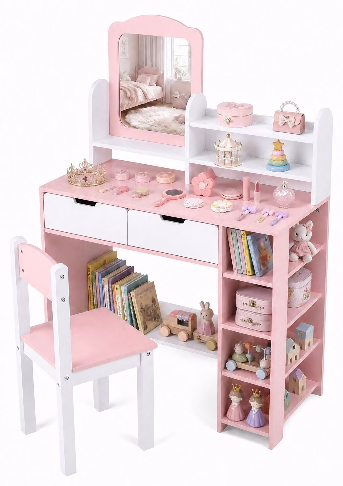KOMFOTTEU: Tavolino da trucco per bambini con sedia e specchio quadrato