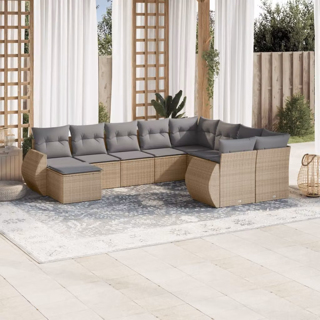 Set Divano da Giardino vidaXL 10 pz con Cuscini Beige e Tavolino in Polyrattan e Acciaio