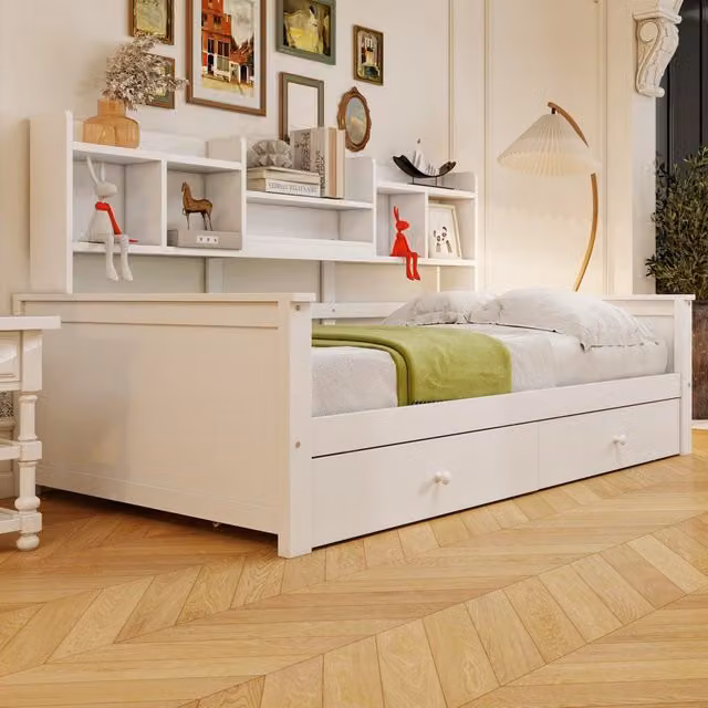 Divano letto 90x200 cm multifunzionale con 2 cassetti e vani portaoggetti in legno bianco