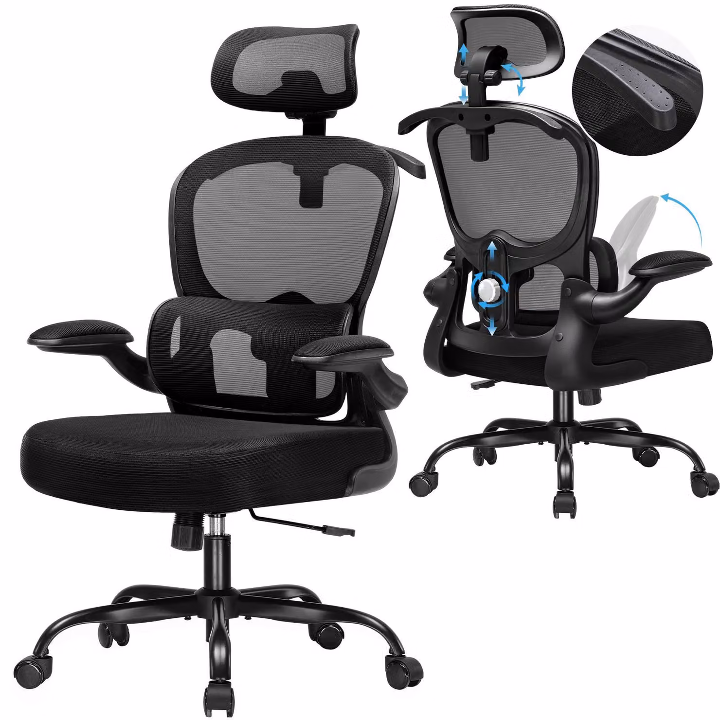 COMHOMA Sedia ergonomica per ufficio, sedia da scrivania con poggiatesta 3D e supporto lombare, design con appendiabiti integrato, bracciolo ribaltabile, 150 kg
