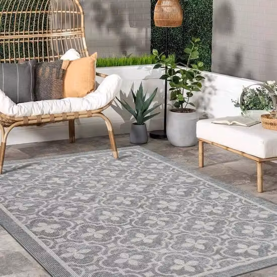Tappeto da esterno BricoBravo con motivo floreale boho in nylon grigio, lavabile e antiscivolo, L: 160 cm x P: 230 cm