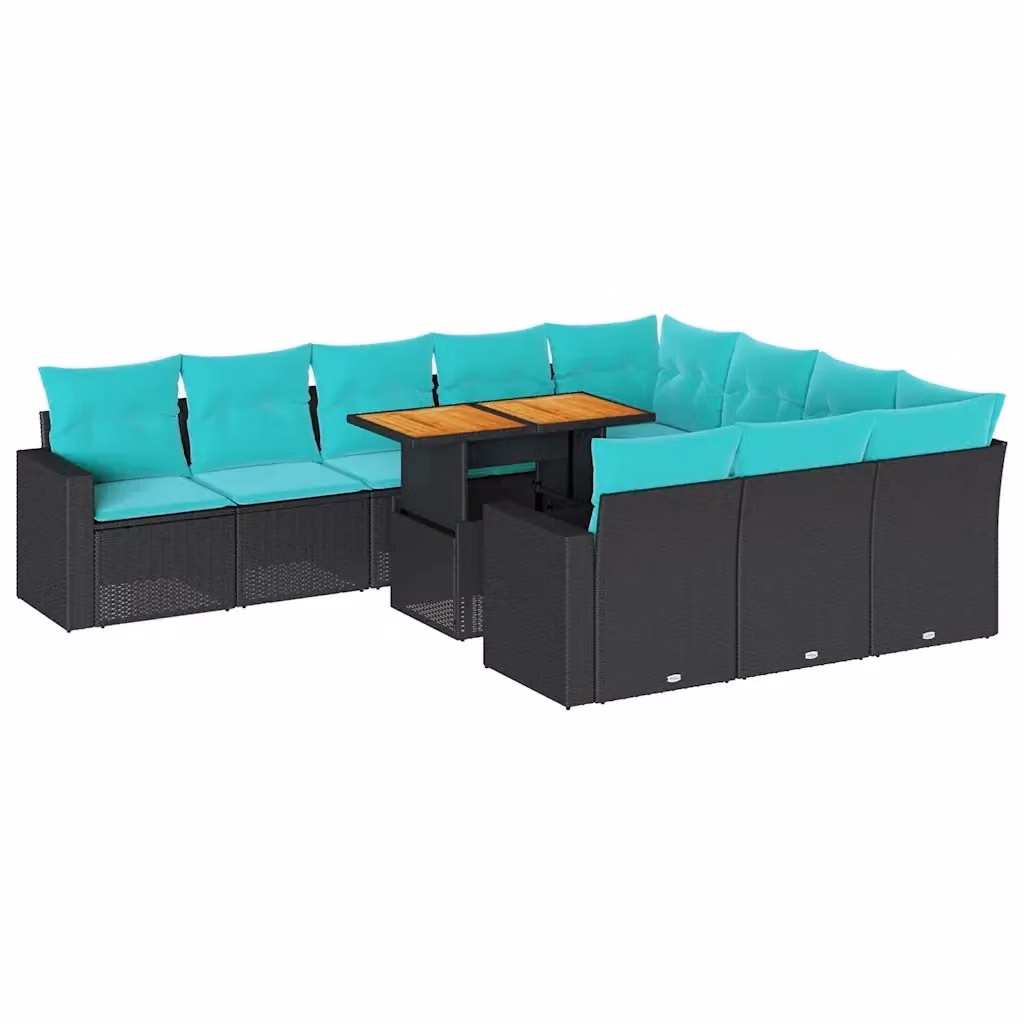 Set di Divani da Giardino vidaXL a Forma di U composto da 11 Pezzi con Cuscini Blu e Struttura in Metallo Nero e Legno di Acacia – 2