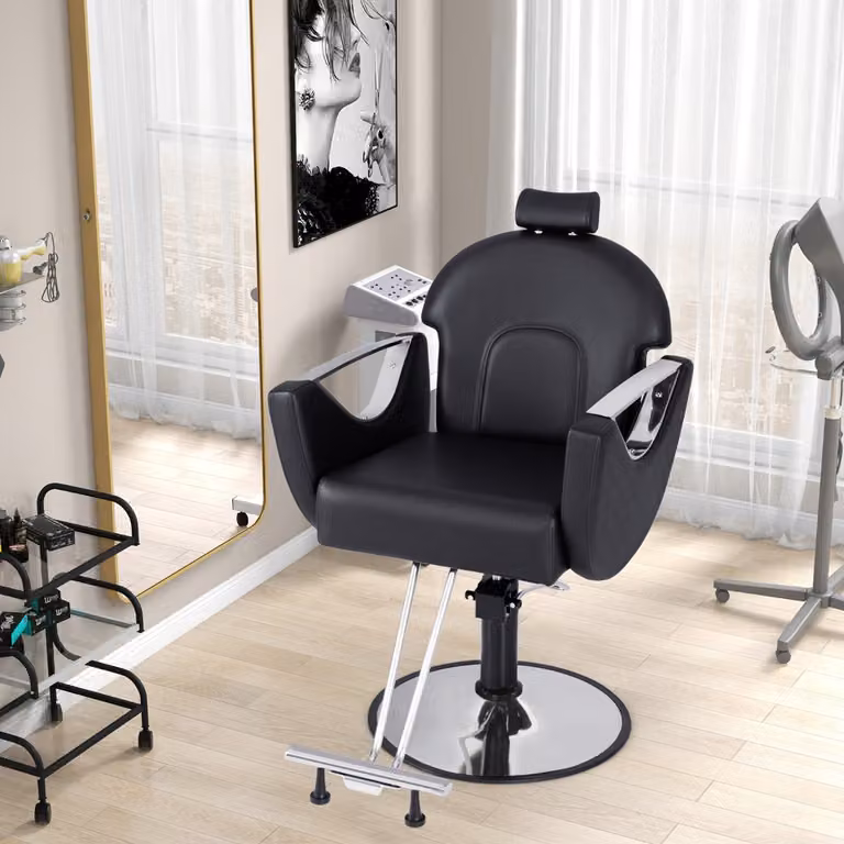 Sedia da salone reclinabile Costway con poggiatesta e braccioli, sedia girevole a 360° con altezza regolabile in ecopelle nera per professionisti