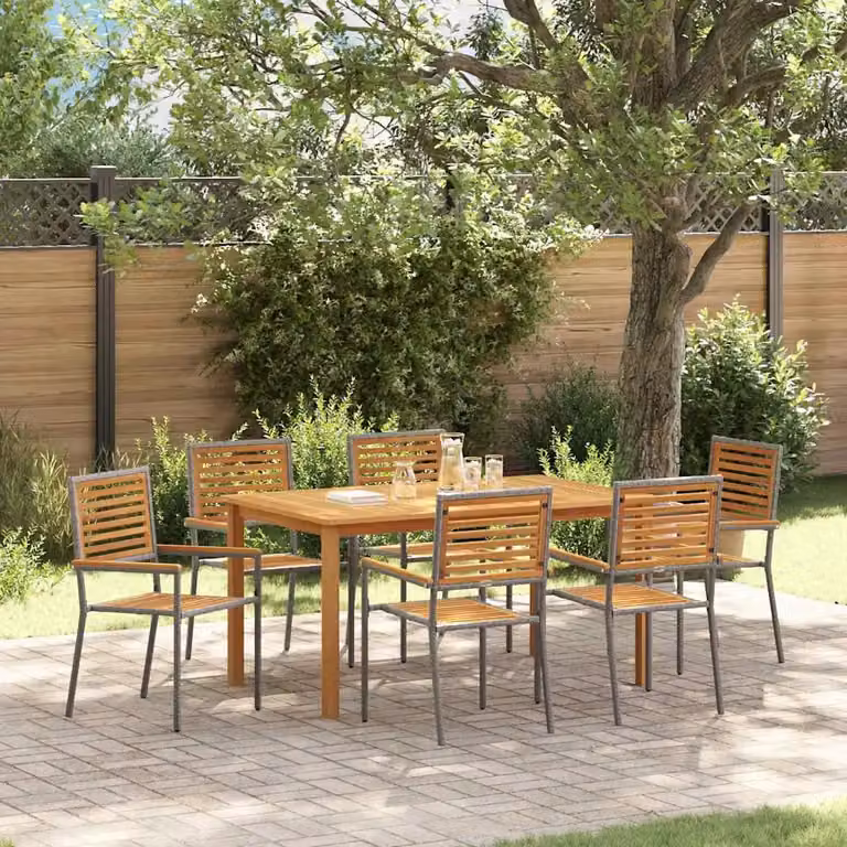 Set da pranzo per giardino e terrazzo vidaXL in rattan e legno di acacia, 7 pezzi, grigio e marrone