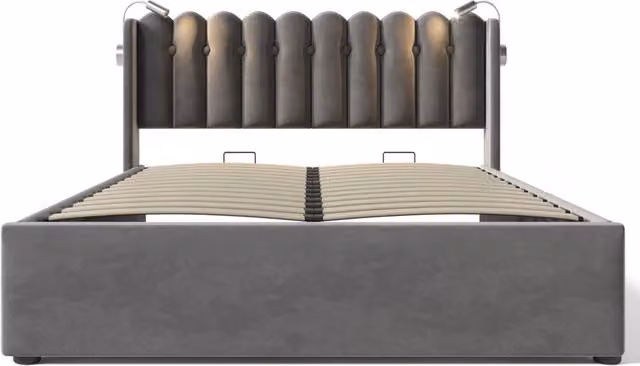 Letto matrimoniale imbottito 140x200 cm con testiera in velluto grigio, lampada da lettura e funzione di ricarica USB, struttura con contenitore