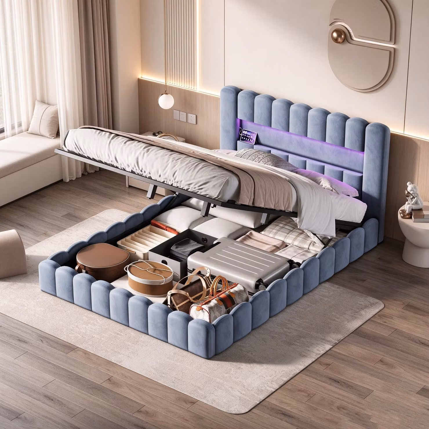 Letto imbottito INONEFT 180x200, letto matrimoniale modello "bubble" con LED e funzione di ricarica USB, testiera imbottita, letto con box contenitore ad apertura idraulica, rivestito in velluto, colore grigio