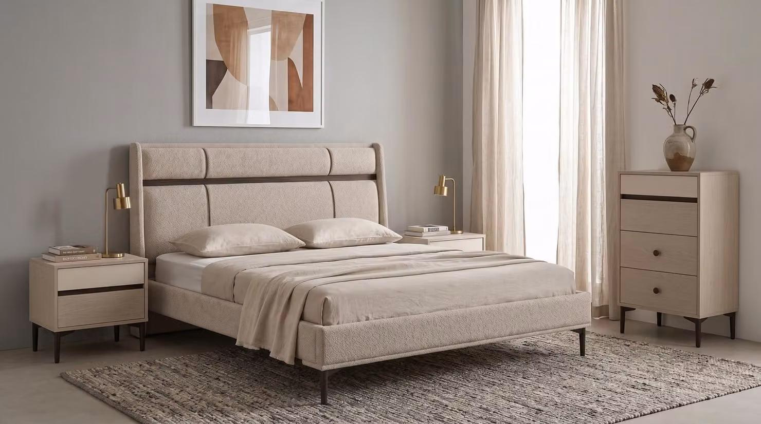 Bellissimo set da camera da letto color beige, composto da letto, comò e comodini, dal design moderno e di alta qualità