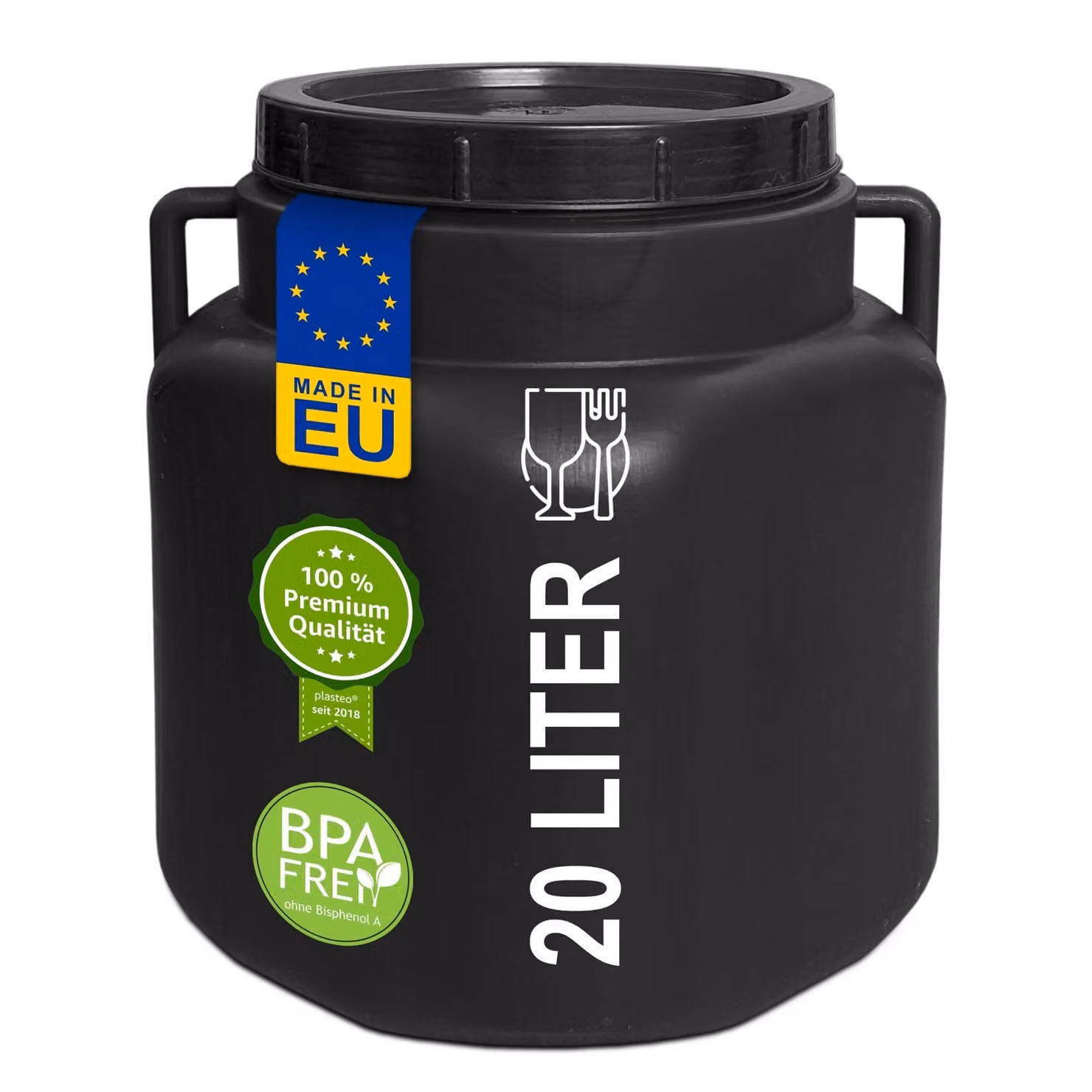 plasteo® fusto a collo largo da 20 litri con coperchio e maniglie quadrato nero, sicuro per gli alimenti senza BPA, fusto di alimentazione fusto in plastica fusto universale fusto con coperchio