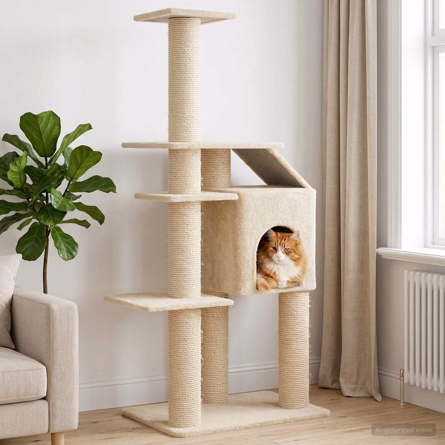 Albero per gatti vidaXL con pali in sisal, giocattoli integrati e cuccia, colore beige, Altezza: 183 cm