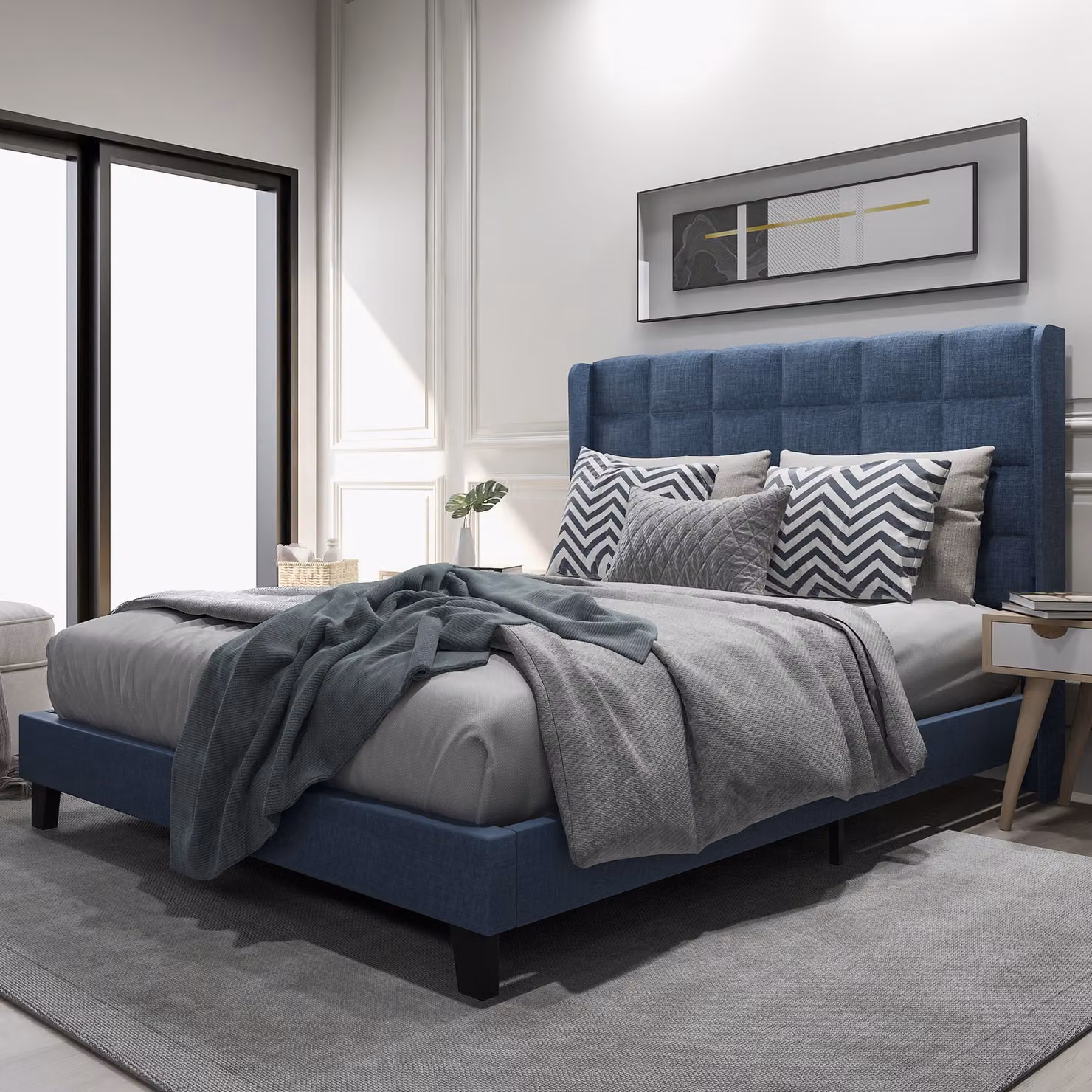 Letto imbottito Sweiko Letto matrimoniale con morbida testata e rete a doghe in legno Lino blu 140 x 200 cm Senza materasso